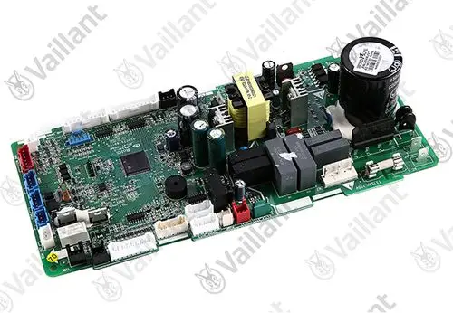Vaillant Leiterplatte mit diversen elektrischen Komponenten, darunter Kondensatoren, Relais und Anschlussstecker, auf einer grünen Platine.